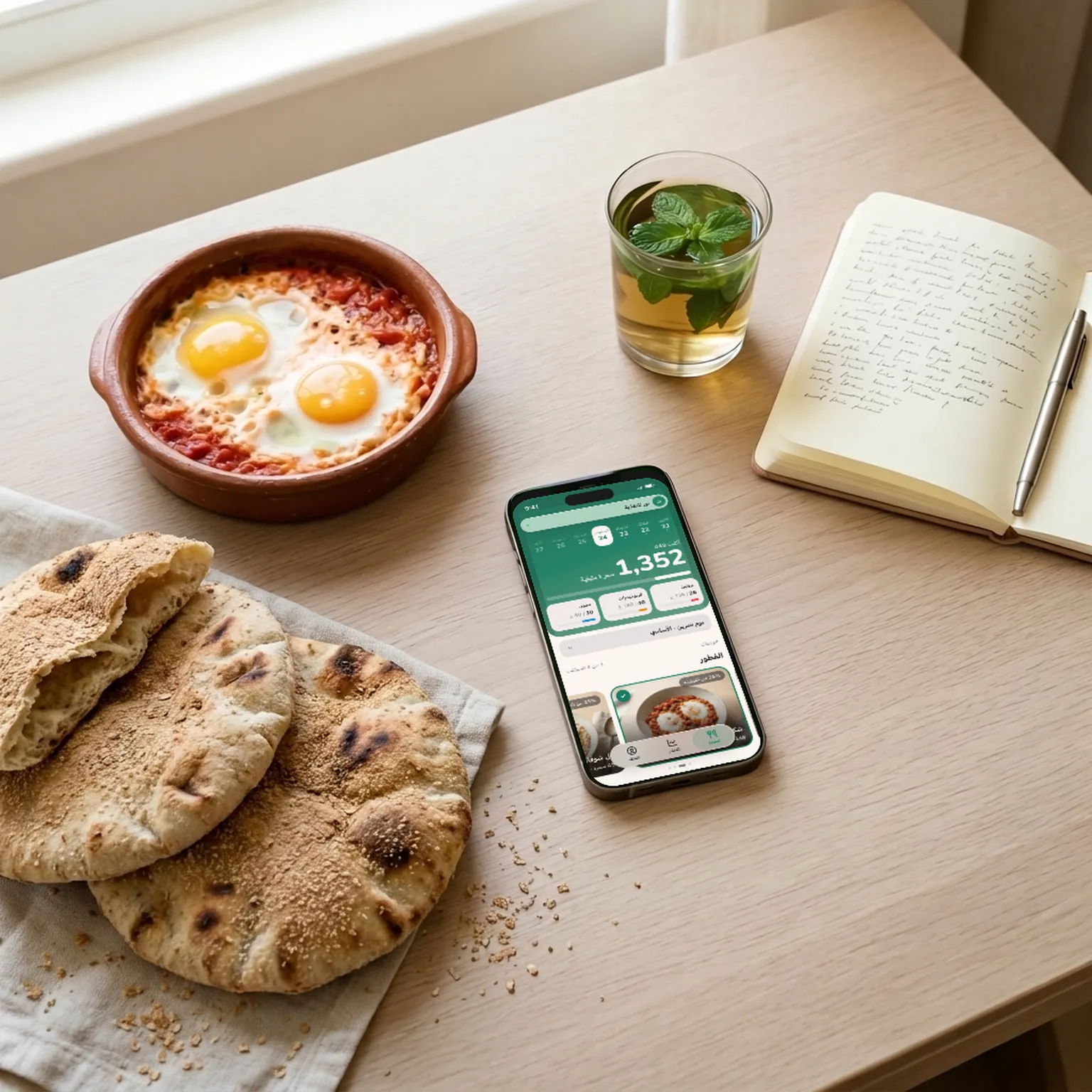 طاولة عمل أخصائي تغذية: تطبيق العميل مفتوح على الهاتف بجوار شكشوكة وخبز بلدي وشاي بالنعناع